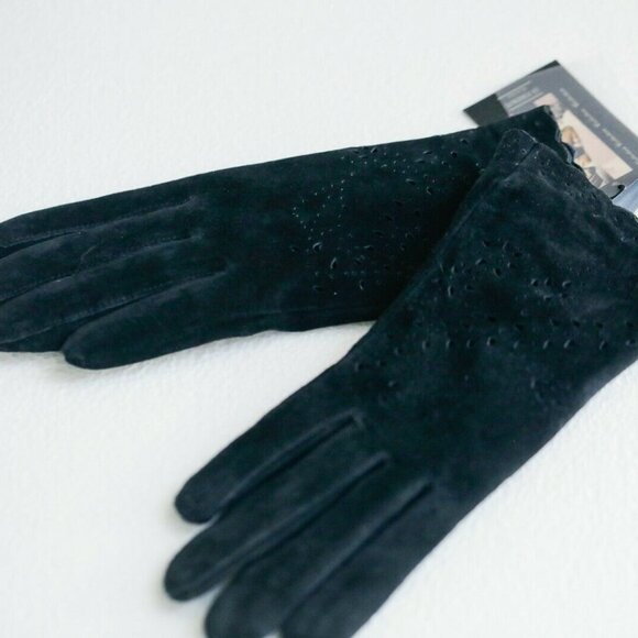 Di Firenze Black Suede Gloves with Laser Cut Detail Scalloped Edge S - Picture 2 of 4